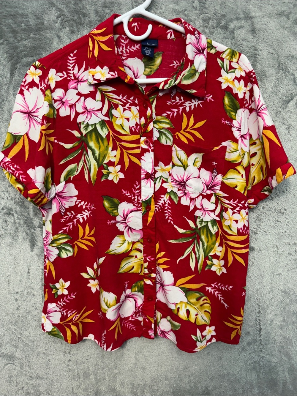 Basic Editions womens Lg Rayon tops Red Floral blouse tropical